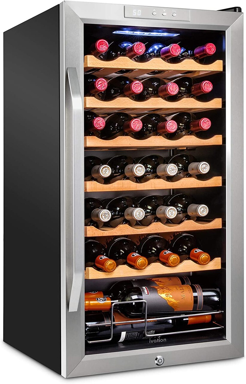 Ivation 28-Bottle Wine Cooler, Stainless Steel Freestanding Wine Fridge with Lock